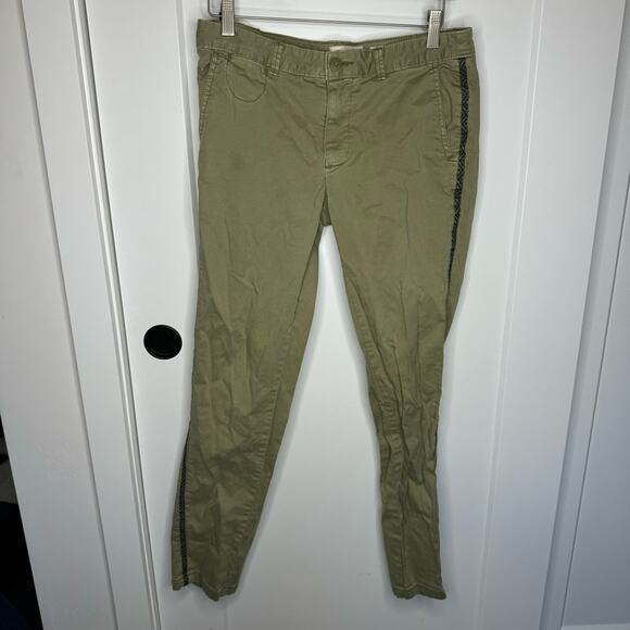 Anthropologie Chino Relaxed Fit Army Green Embroidered Side Stripe Pants Size 28 - Picture 2 of 6